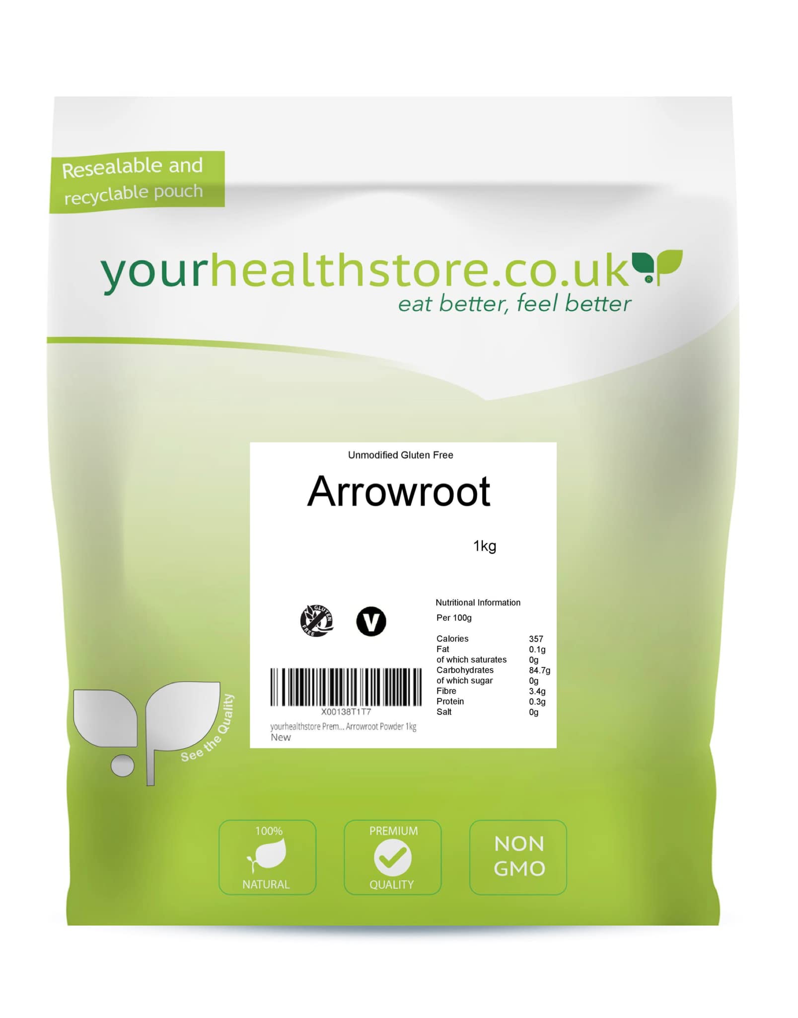 yourhealthstore Premium Unmodified Gluten Free Arrowroot Powder | 1 kg White Powder | Vegan