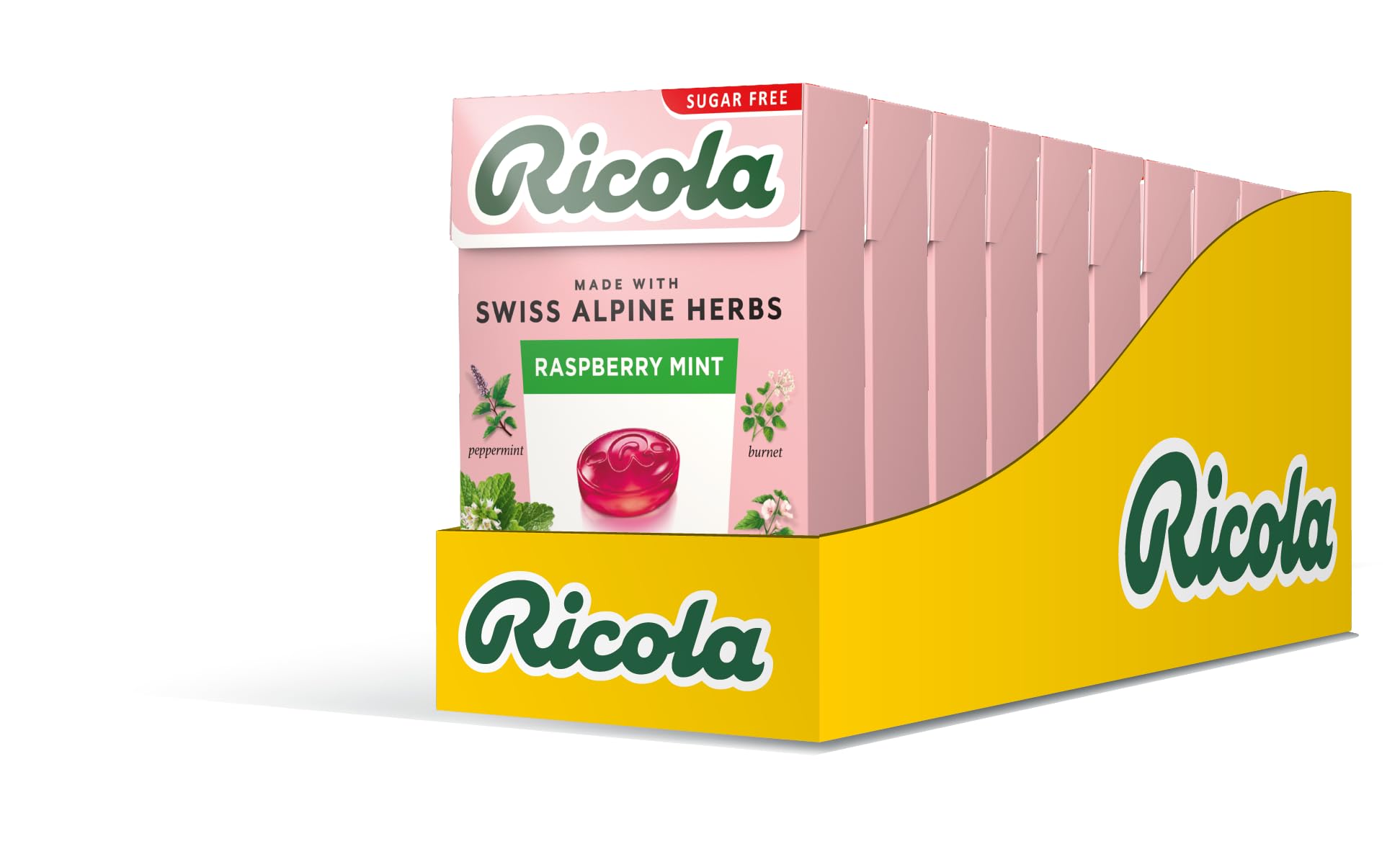 Ricola Raspberry Mint Sugar Free Herbal Sweets, 10-Pack Box (45g Each), Sweetened with Stevia, Vegan & Kosher 2