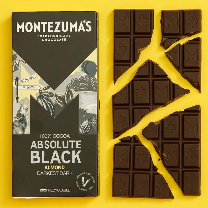 Montezuma - Absolute Black 100% Cocoa Dark Chocolate with Almonds 90g Bar