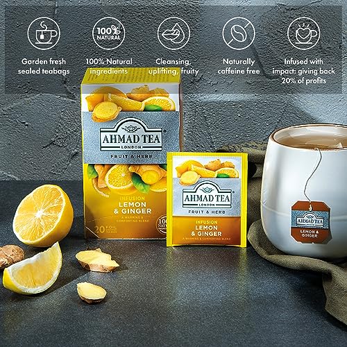 Ahmad Tea Lemon & Ginger Fruit & Herbal Infusion - 20 Individually Foil-Wrapped Teabags