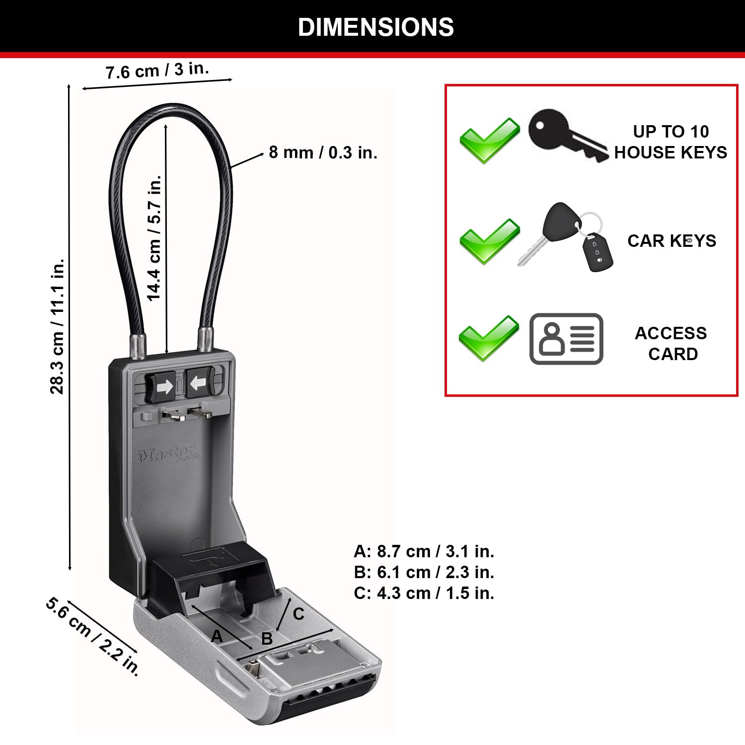 Master Lock 5482EURD Key Safe with Flexible Cable Shackle | Extra Large Capacity | Grey Aluminium 5