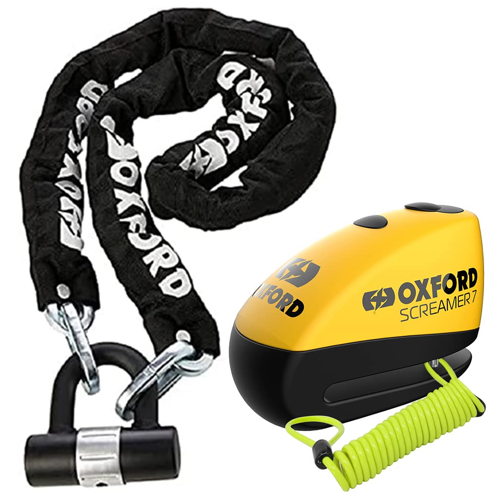 Oxford OF159 H D Motorbike Chain Lock + Screamer 7 Alarm Disc Lock Yellow/B