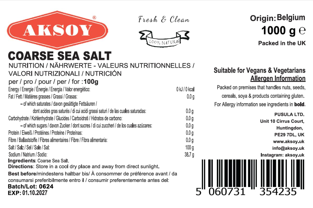 AKSOY Coarse Sea Salt - 1KG Premium Grain | Natural & Unrefined | GMO Free