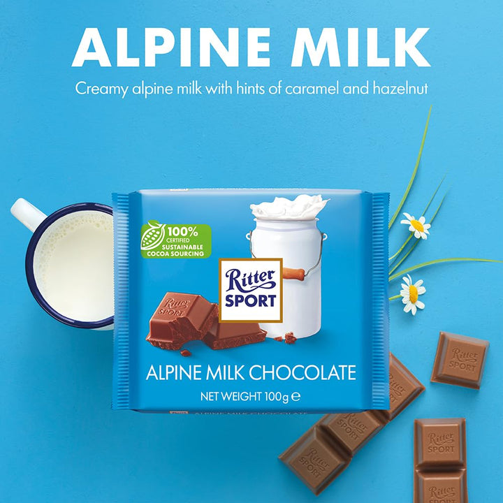 Ritter Sport - Alpine Milk Chocolate Blocks & Bars (Pack of 12, 100g Each)