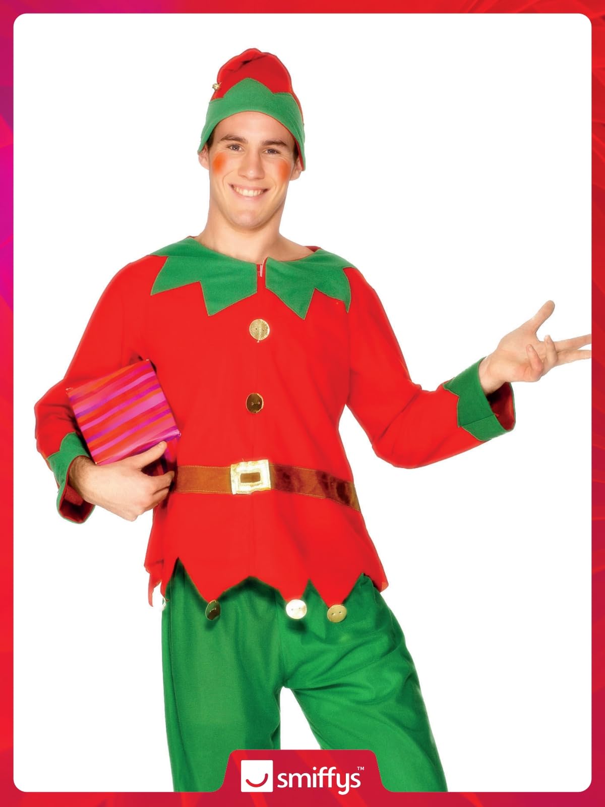 Smiffys Elf Costume - Red & Green Adult Fancy Dress with Top, Trousers & Hat 3