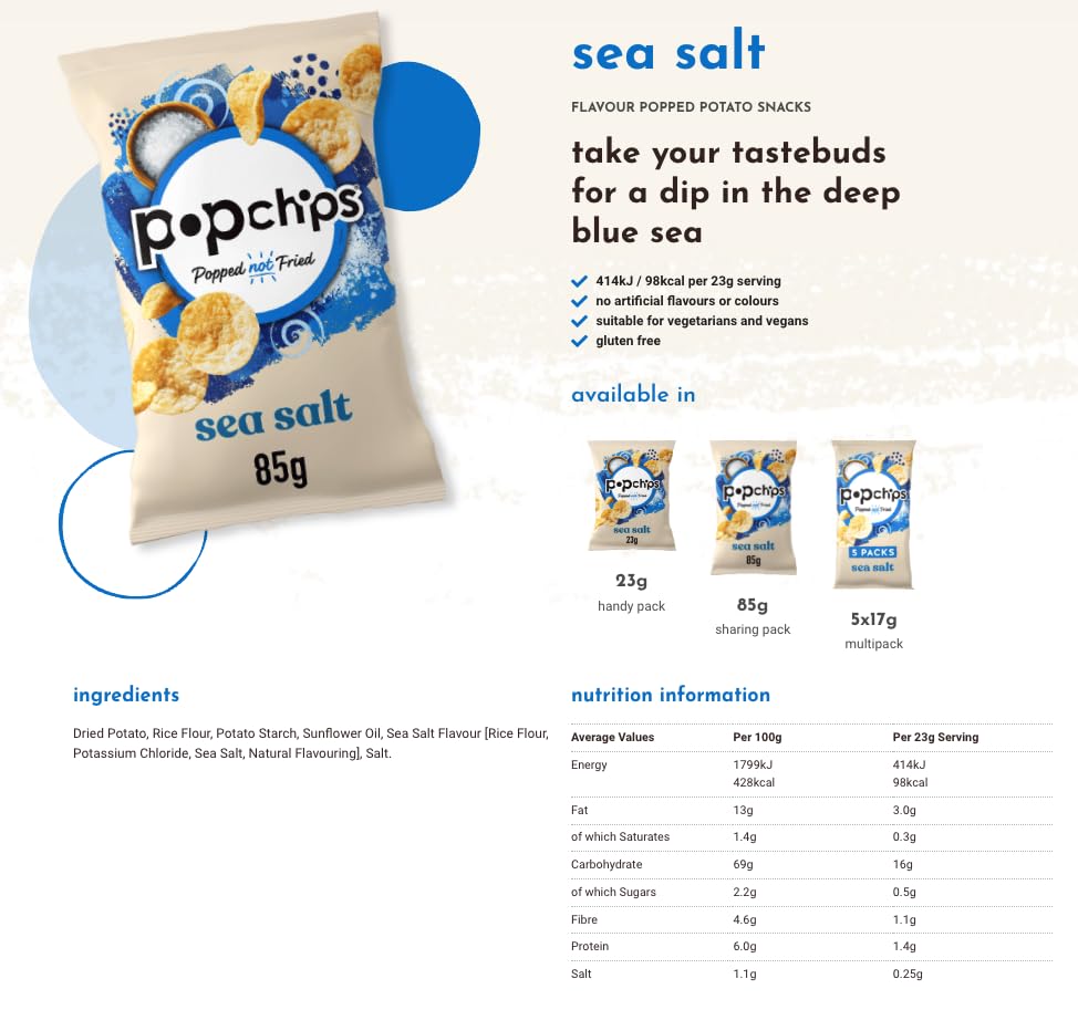 Popchips Sea Salt Potato Crisps, 23g (Pack of 24) - Popped Not Fried, No Artificial Flavours, Vegan Friendly