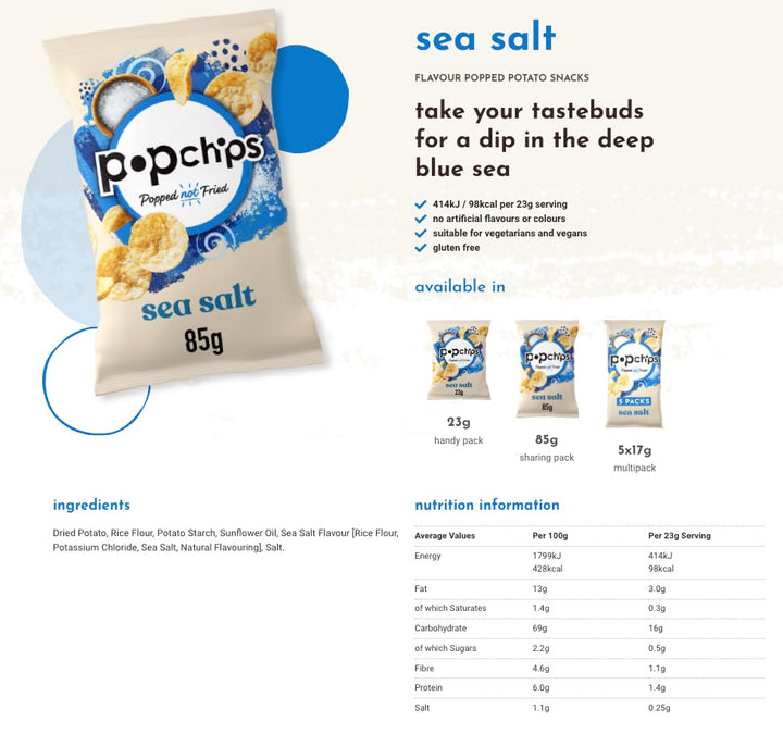 Popchips Sea Salt Potato Crisps, 23g (Pack of 24) - Popped Not Fried, No Artificial Flavours, Vegan Friendly