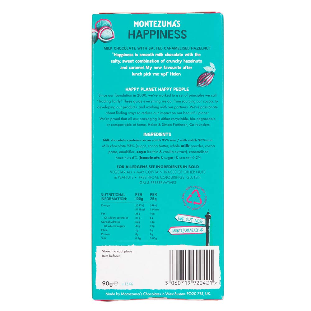Montezuma Happiness Milk Chocolate Bar with Salted Caramelised Hazelnuts 35% Cocoa 90g