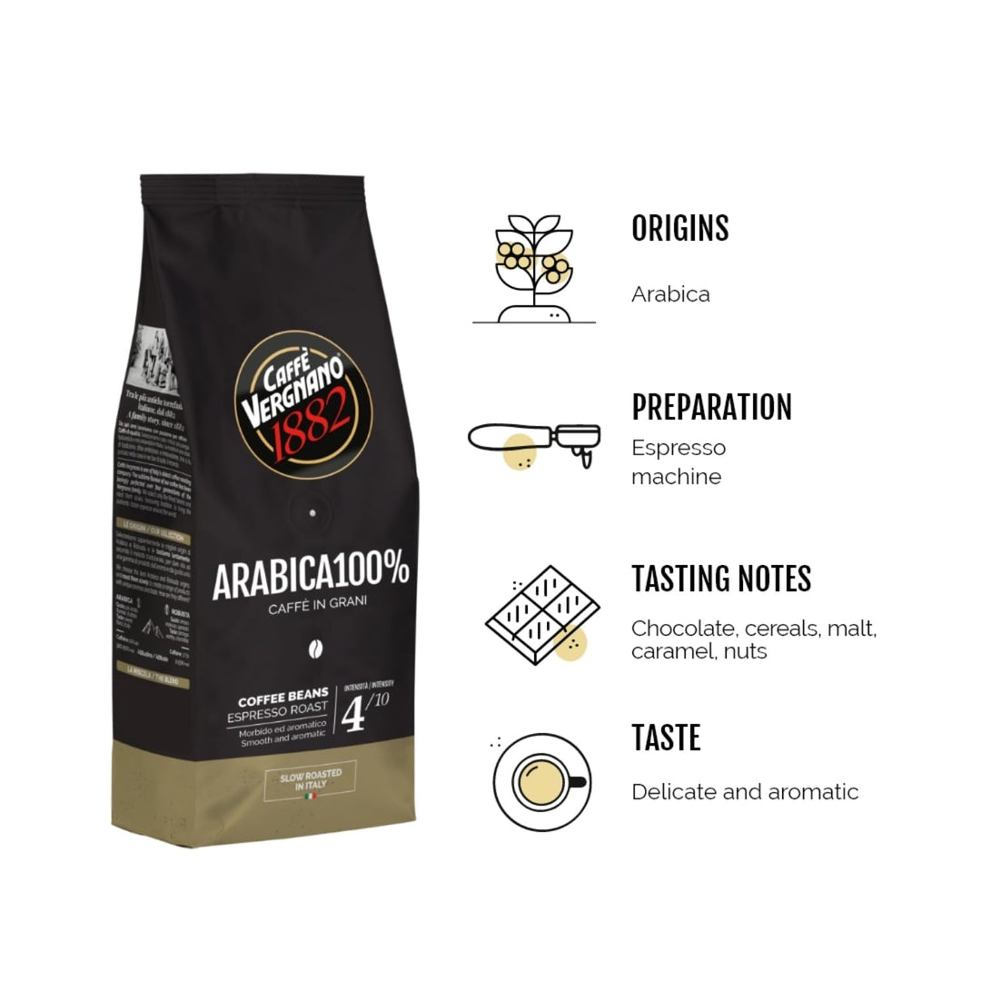 Caffè Vergnano 1882 Arabica 100% Whole Bean Coffee - 250g Pack