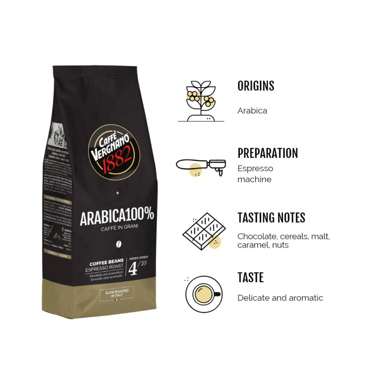 Caffè Vergnano 1882 Arabica 100% Whole Bean Coffee - 250g Pack