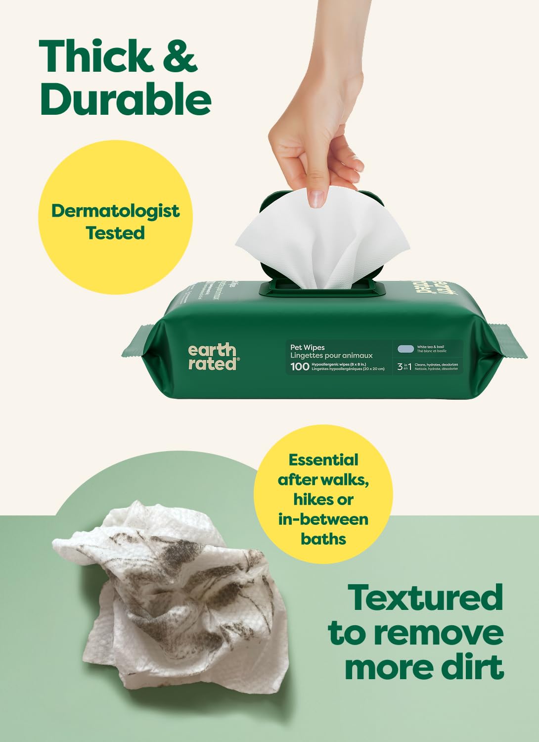Earth Rated Pet Wipes for Dogs and Cats - Hypoallergenic, 3-in-1 Cleaning, White Tea & Basil Scent, 100 Count 3