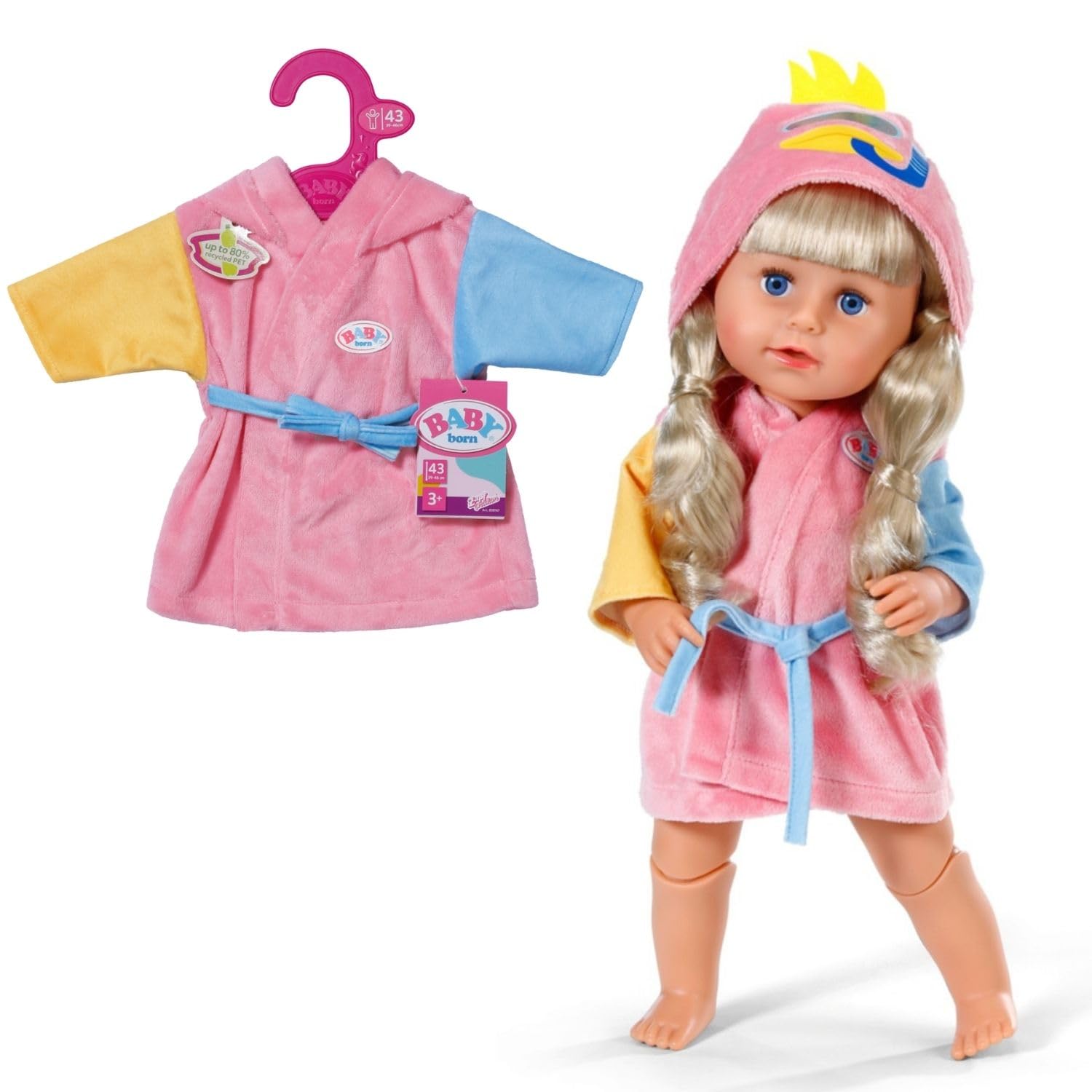 BABY born Bathrobe for Bath Time Doll Play - Pink Robe with Hood and Belt