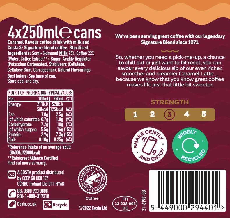 Costa Coffee Latte 4 x 250 ml - Creamy Ready-to-Drink Coffee with Mocha Italia Blend