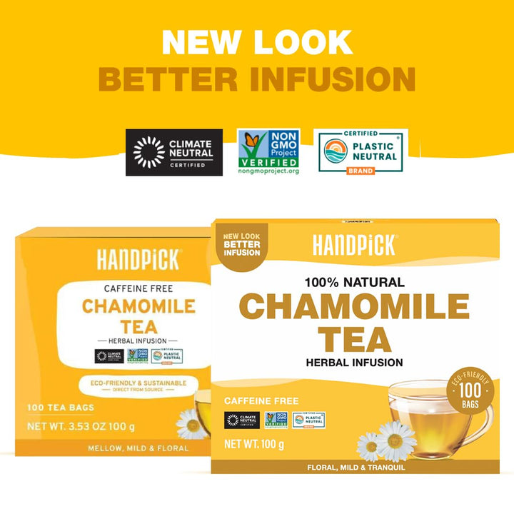 HANDPICK Chamomile Tea Bags (100 Herbal Tea Bags) Caffeine Free | Floral