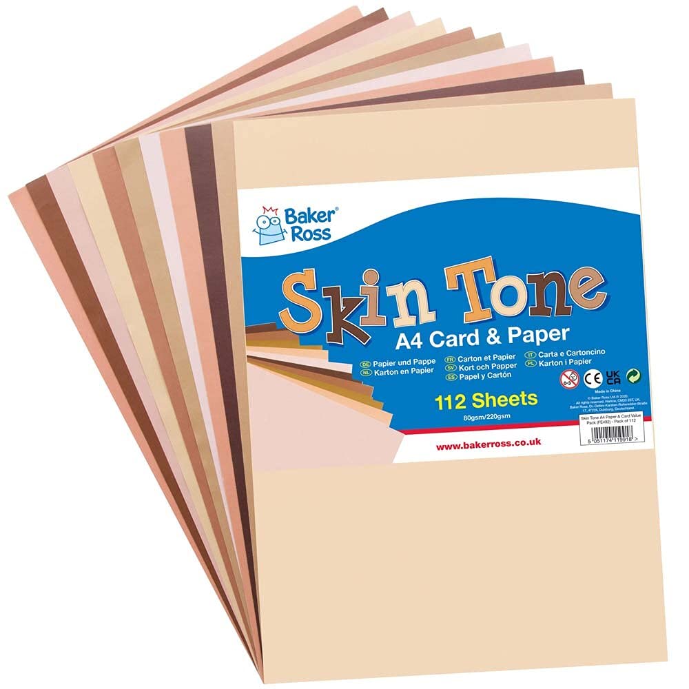 Baker Ross Skin Tone A4 Paper & Card Value Pack - 112 Sheets | 8 Skin Tone Colours | 220gsm Card & 80gsm Paper