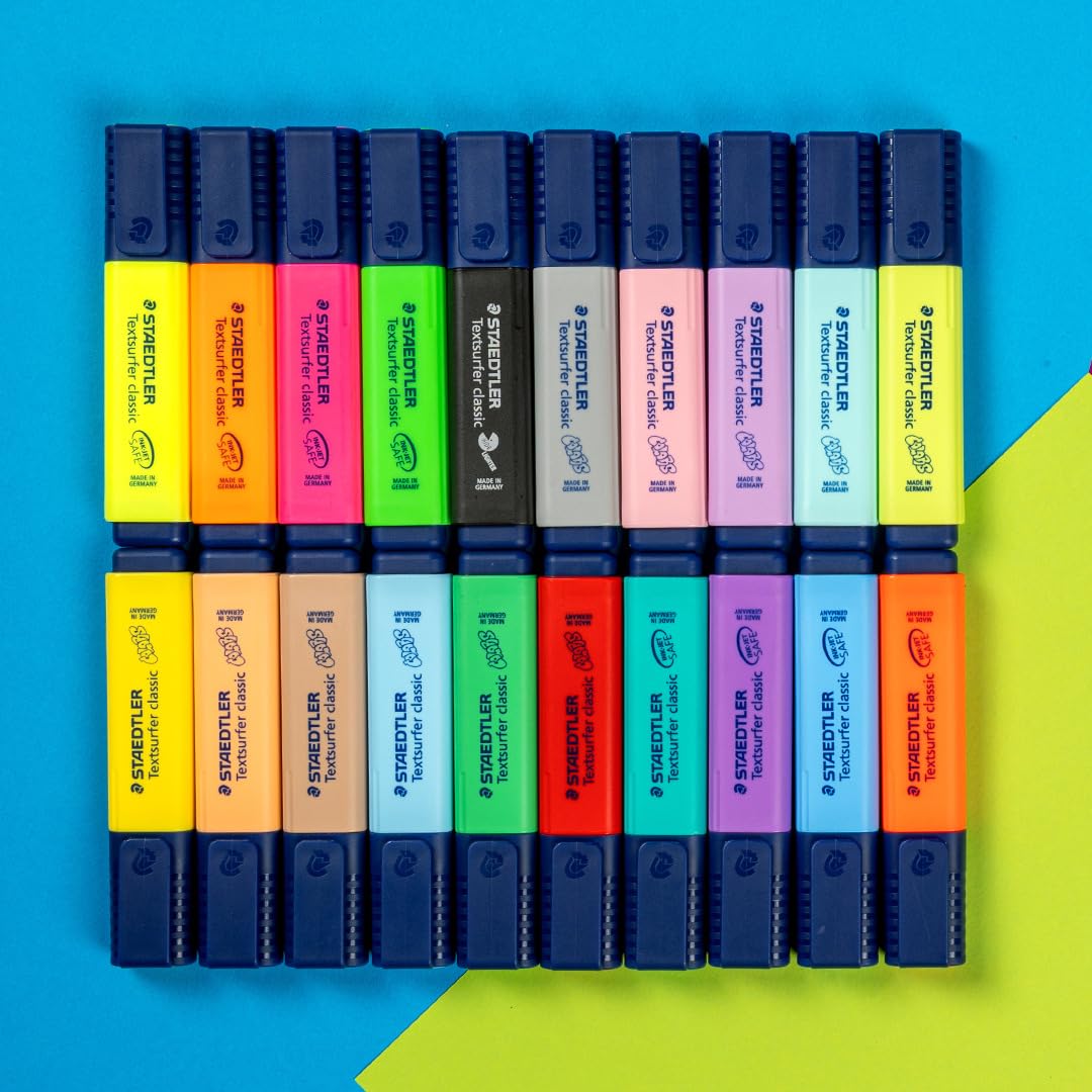 STAEDTLER Textsurfer Classic Highlighter 364 WP20 - 20 Pack Assorted Neon & Paste Colors | Chisel Tip 1-5mm