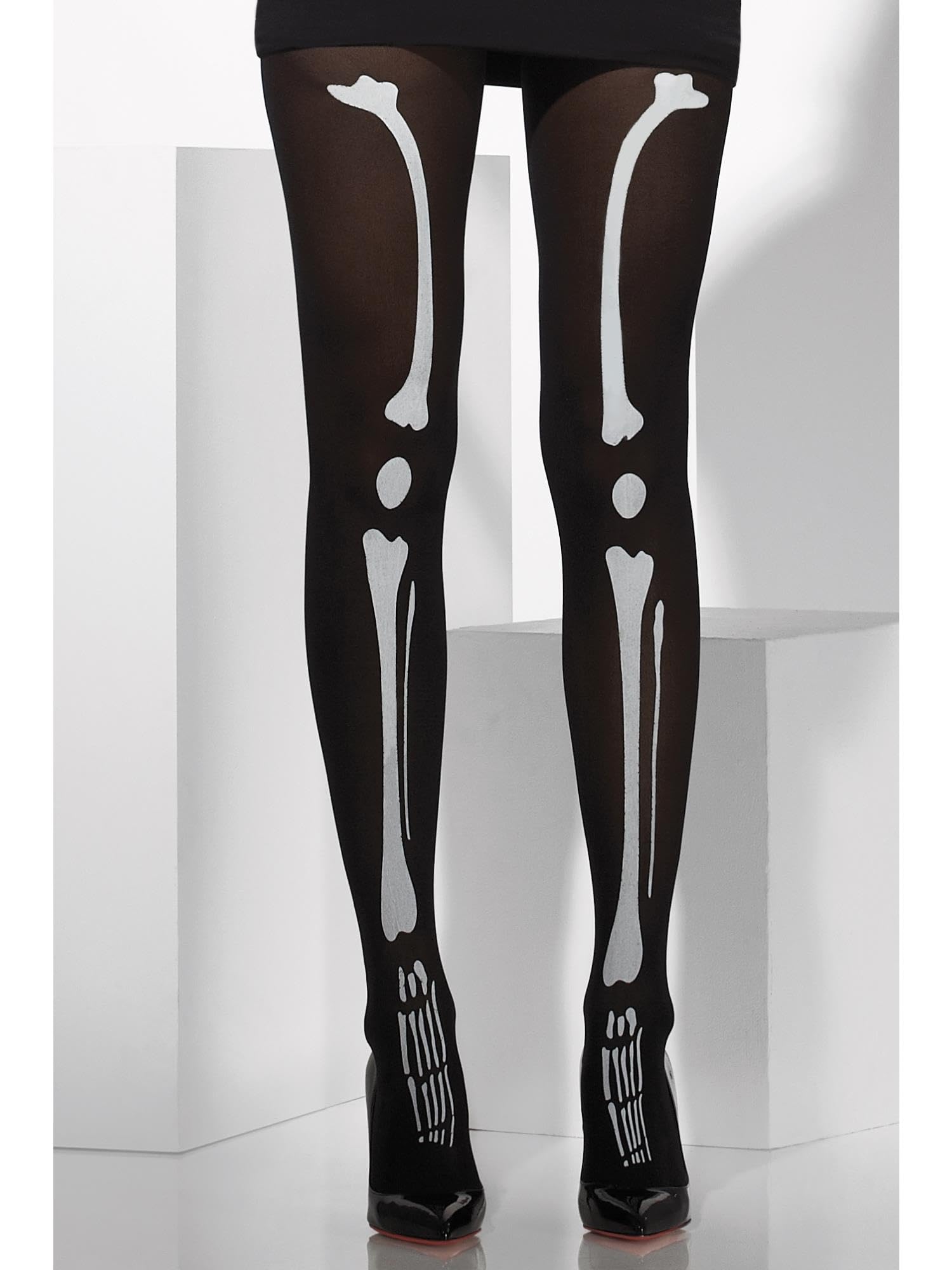 Smiffys Skeleton Print Opaque Tights - Black Fancy Dress Hosiery for Halloween & Dress-Up