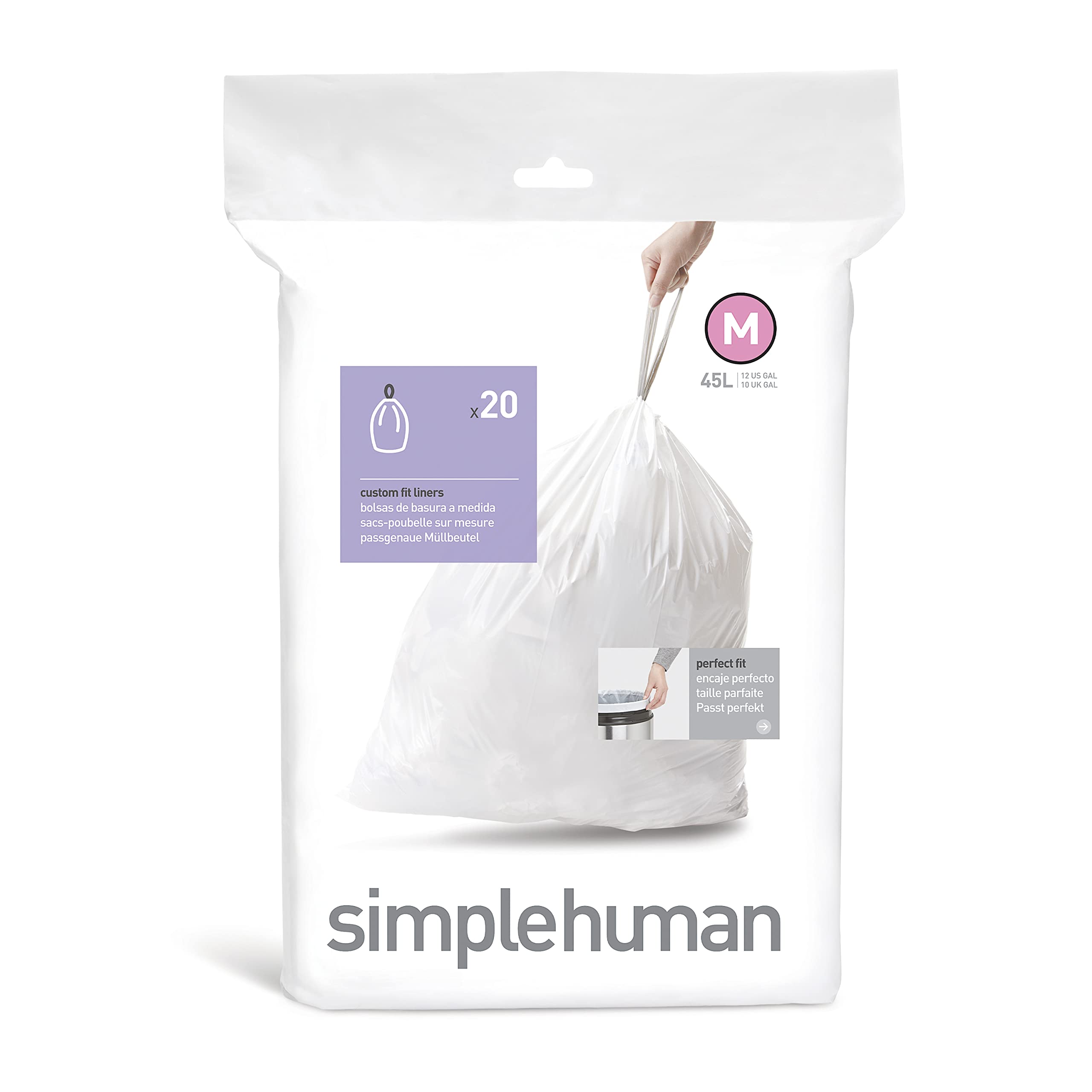 simplehuman CW0173 Code M Custom Fit Bin Liners - 45L Capacity, White Plastic, 20 Count 1