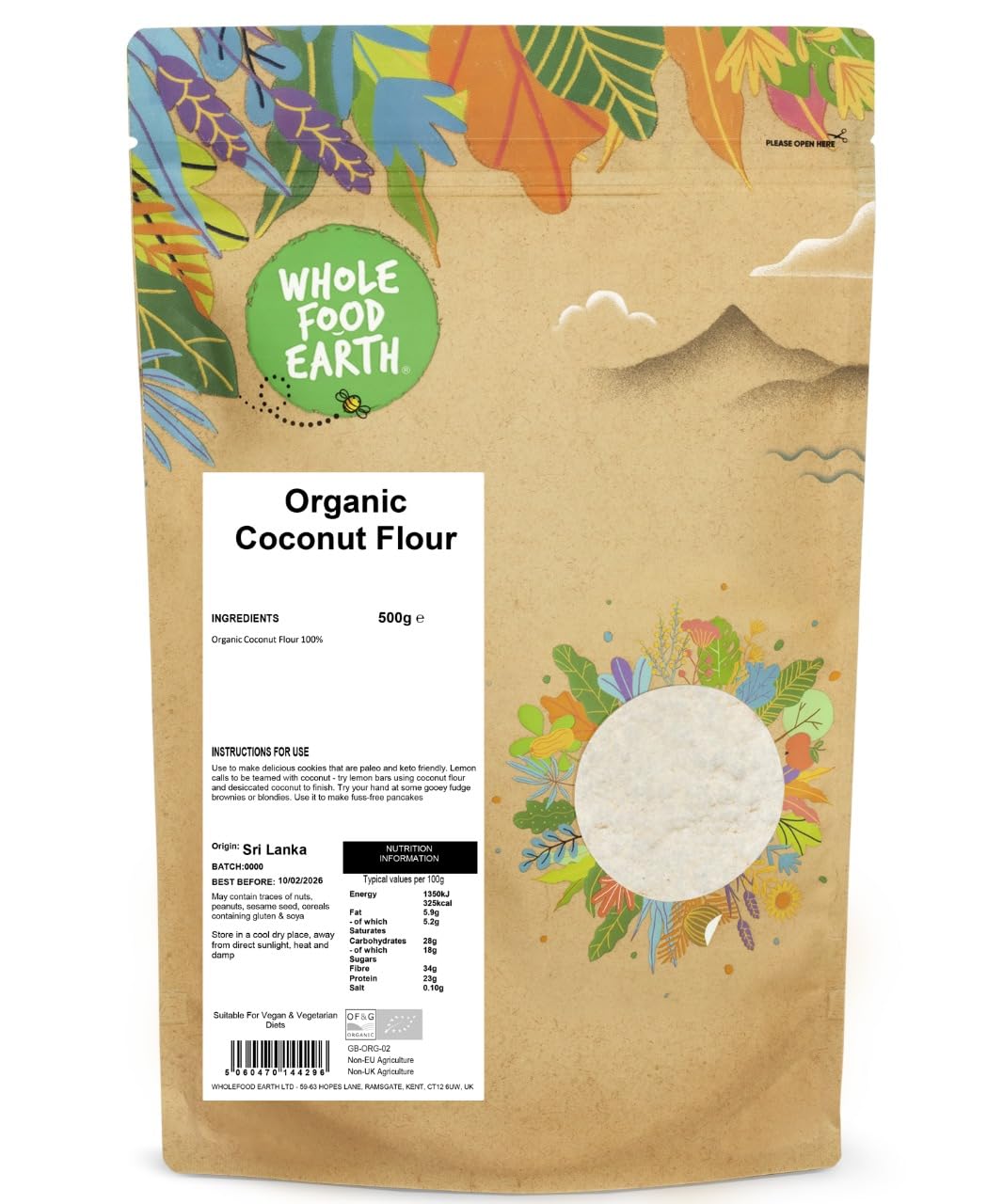 Wholefood Earth Organic Coconut Flour - 500g | GMO Free | Vegan | High Fibre