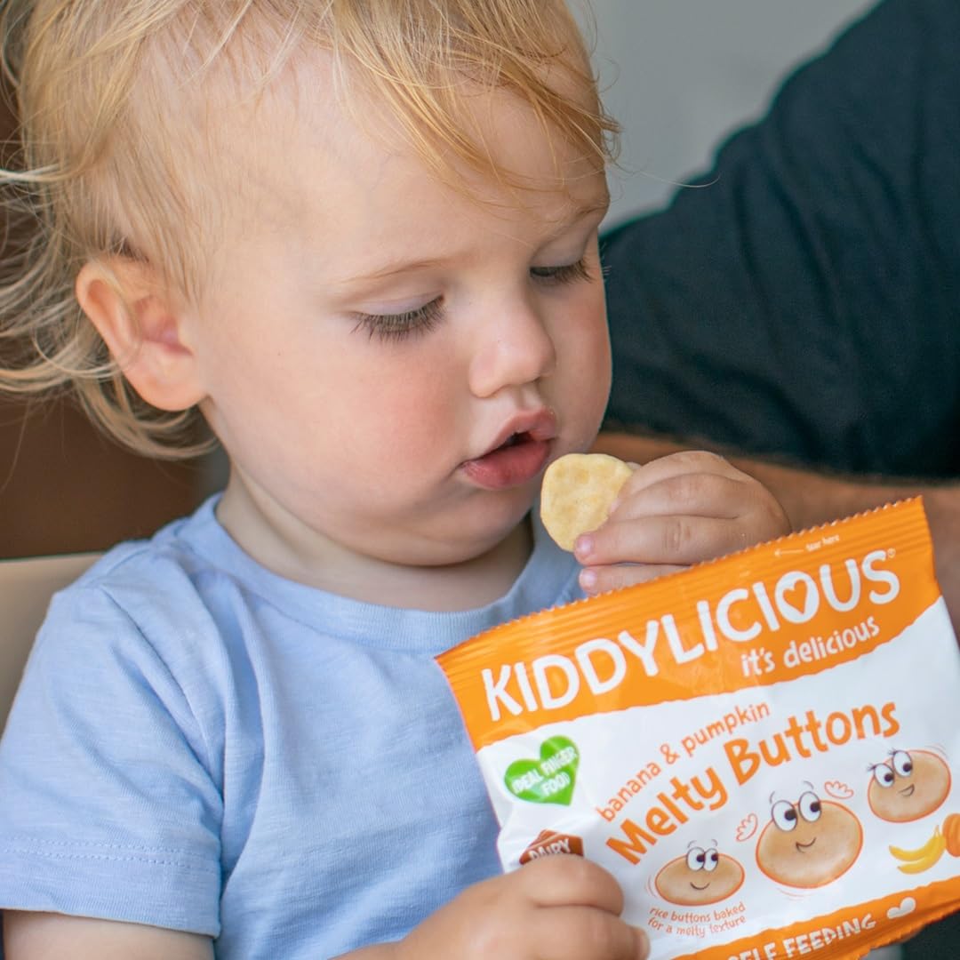 Kiddylicious Melty Buttons Banana & Pumpkin Flavour Rice Snacks for Babies 9+ Months