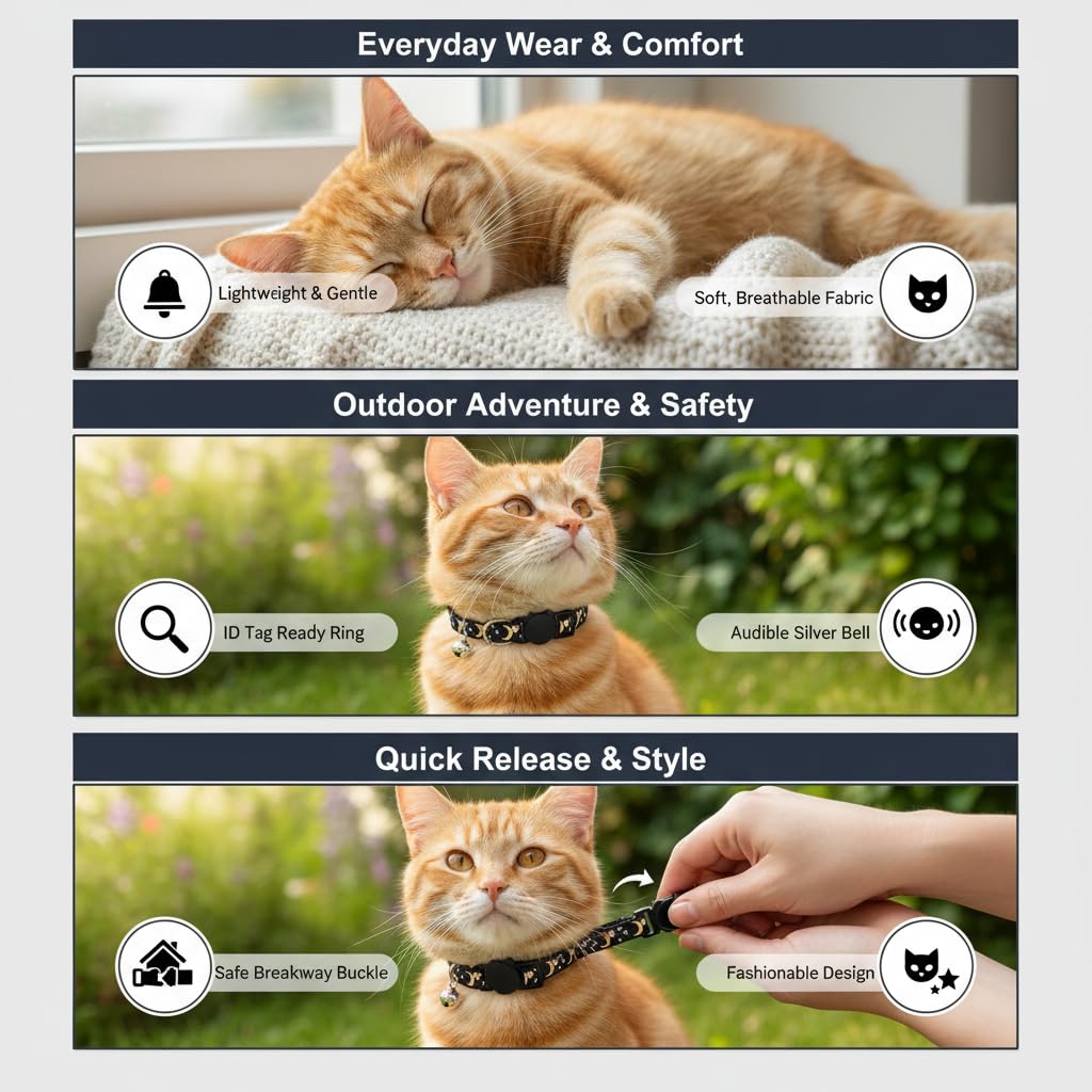 Muexoee Reflective Adjustable Cat Collar with Bell - Moon Star Print, Black, 2 Pack 6