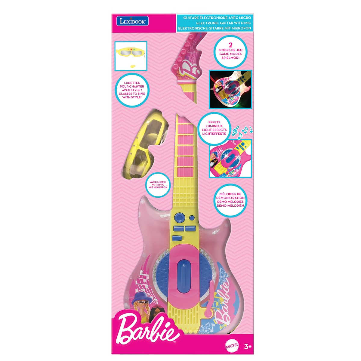 Barbie Electronic Guitar with Microphone & Glasses - 2 Play Modes, Light Effects, Pink/Yellow 11