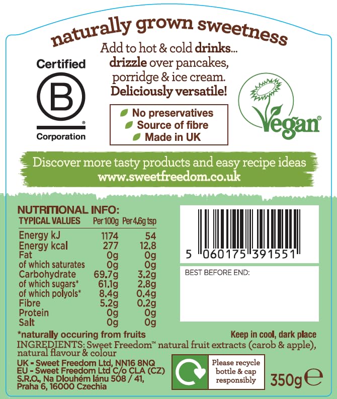 Sweet Freedom Pistachio Syrup - 350g Natural Sweetener for Drinks & Baking