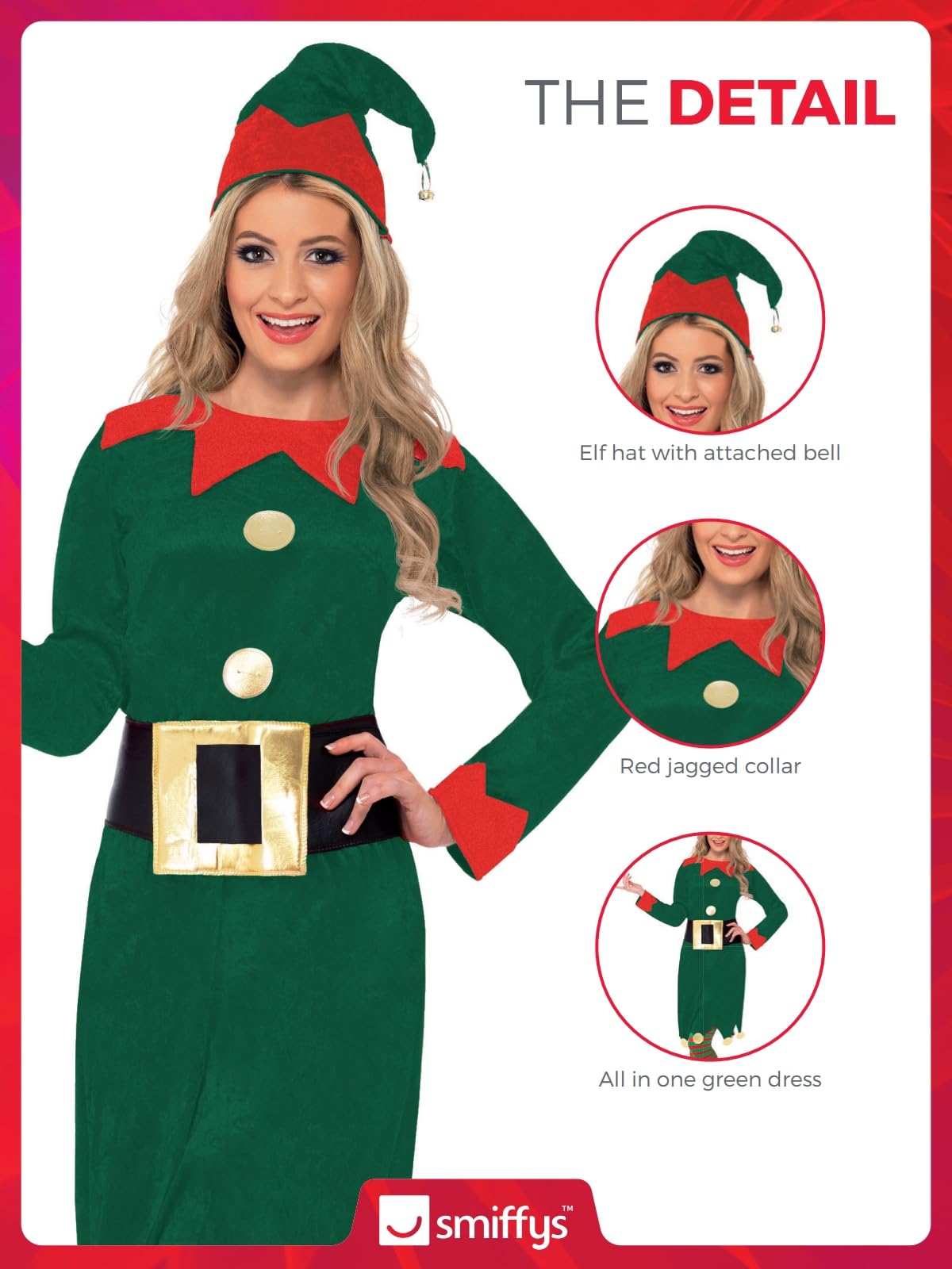 Smiffys Elf Costume - Green Dress with Hat & Belt, Adult Christmas Fancy Dress 10