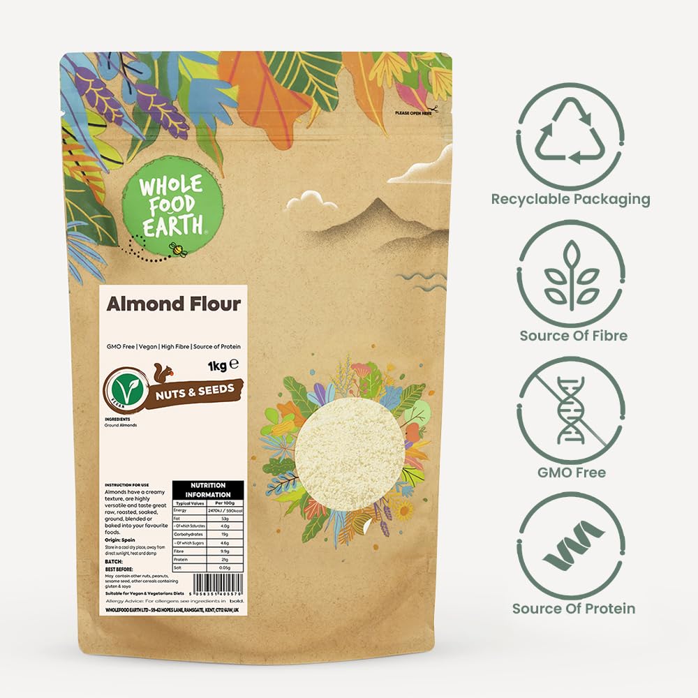 Wholefood Earth Almond Flour 250g | GMO-Free | High Fibre | Vegan | Recyclable Packaging