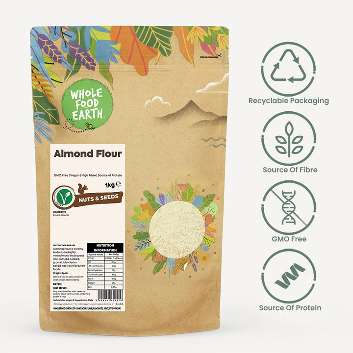 Wholefood Earth Almond Flour 250g | GMO-Free | High Fibre | Vegan | Recyclable Packaging