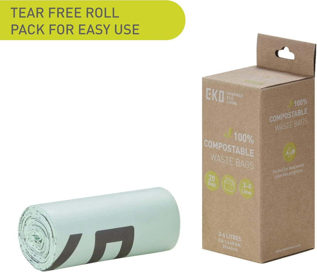 EKO Compostable Bin Liners for Food Waste Caddies, 3-6L Capacity, 20 Bags, White