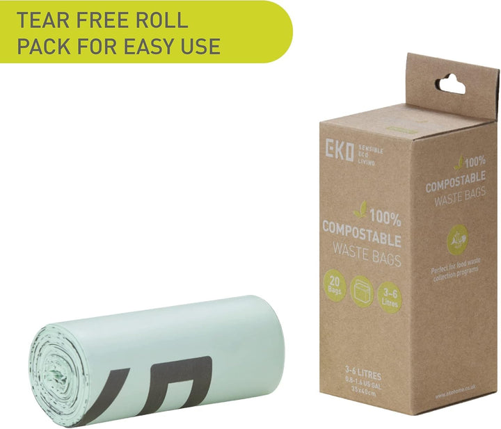 EKO Compostable Bin Liners for Food Waste Caddies, 3-6L Capacity, 20 Bags, White