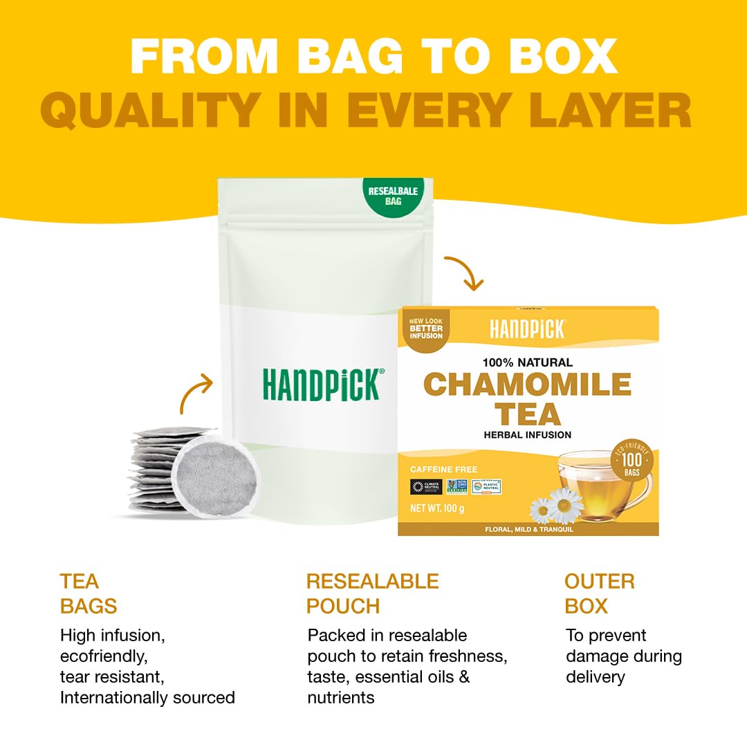 HANDPICK Chamomile Tea Bags (100 Herbal Tea Bags) Caffeine Free | Floral