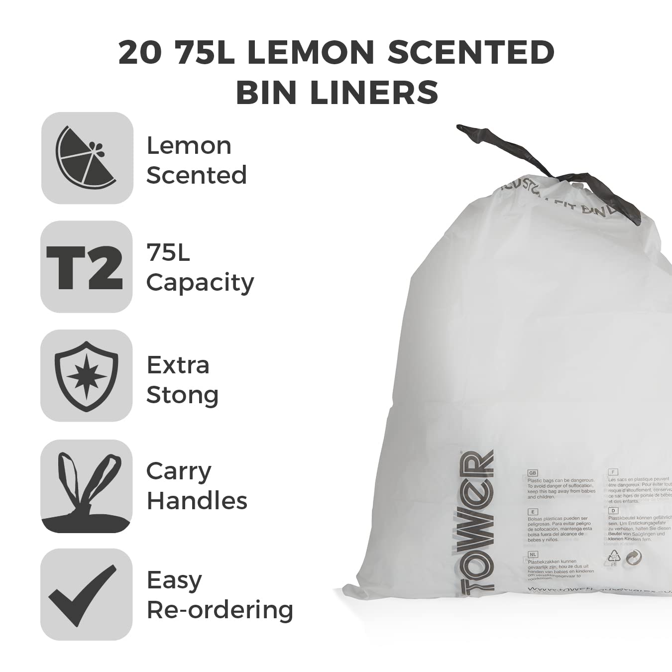 Tower 75L Lemon Scented Bin Liners - 20 Pack, Heavy Duty HDPE Bags 2