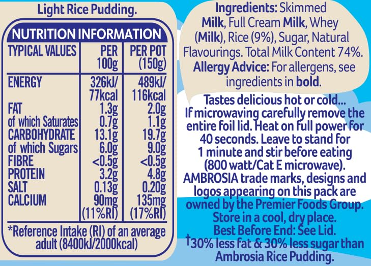 Ambrosia Light Devon Rice Pudding, 30% Less Sugar & Fat, Creamy Ready-to-Eat Dessert 2