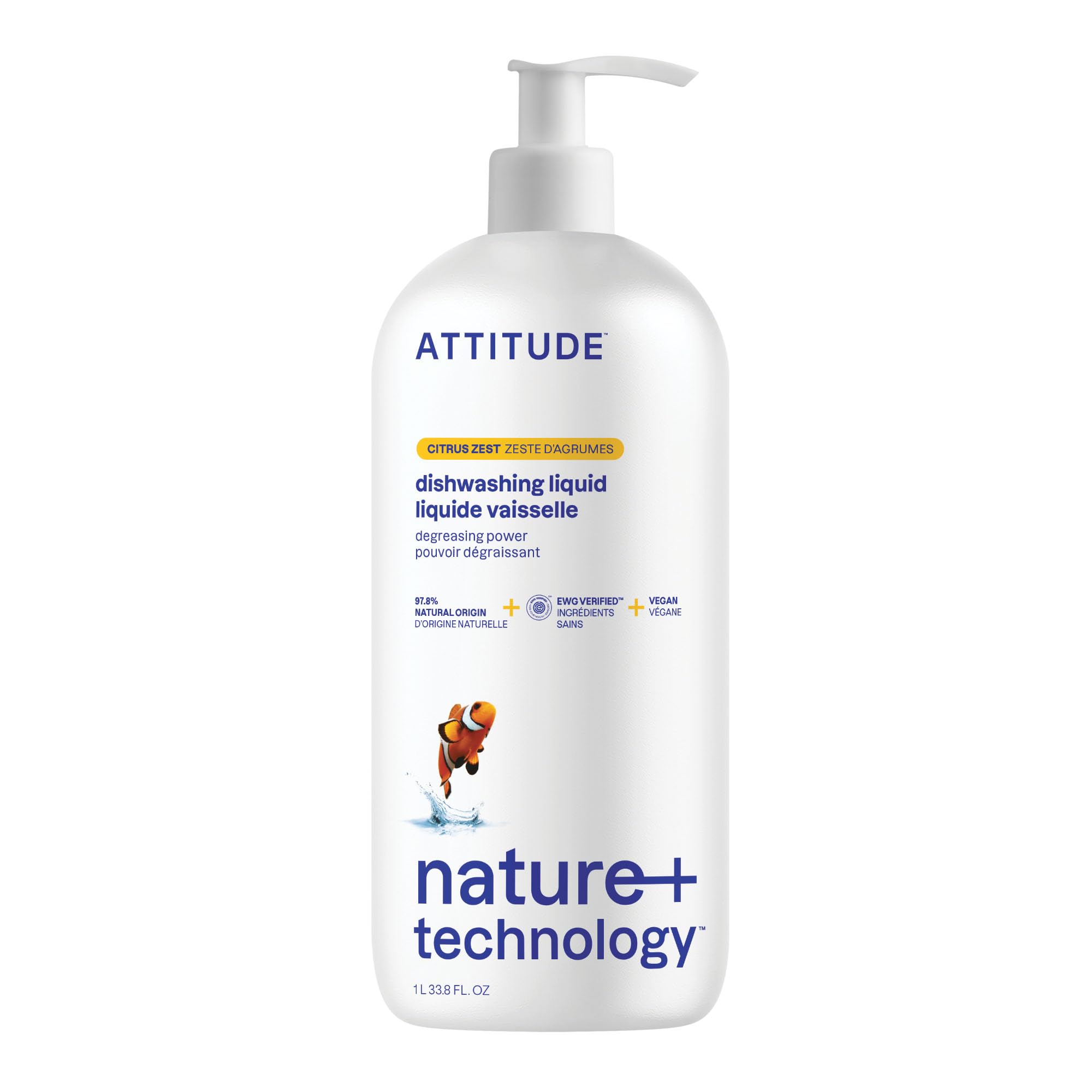 ATTITUDE EWG Verified Plant-Based Dish Soap Liquid, Citrus Zest Scent, 1 l