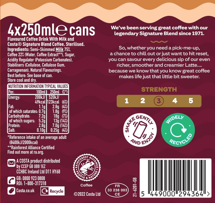 Costa Coffee - Caramel Latte Ready to Drink 4 x 250 ml