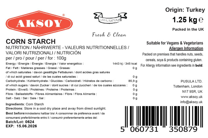 AKSOY 100% Pure Corn Starch | 1.25 KG Resealable Pouch | Non-GMO, Vegan Thickener for Gravy, Sauces, Baking & Puddings