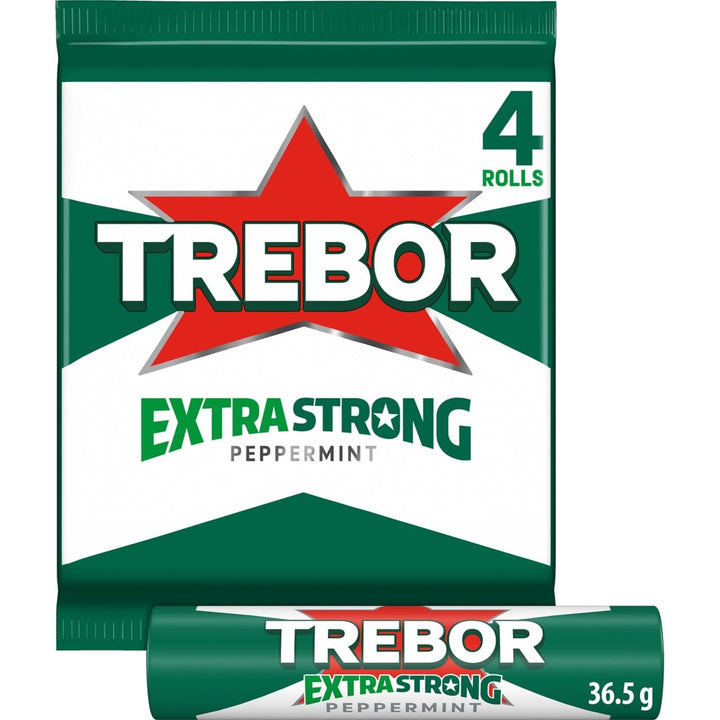 Trebor Extra Strong Peppermint Mint Sweets, 4 Pack Rolls, 146 g (Pack of 12)