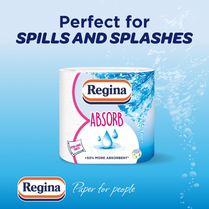 Regina Absorb Kitchen Towels – 2 Rolls, Super Absorbent 2-Ply, Extra-Large Sheets for Cleaning & Food Contact