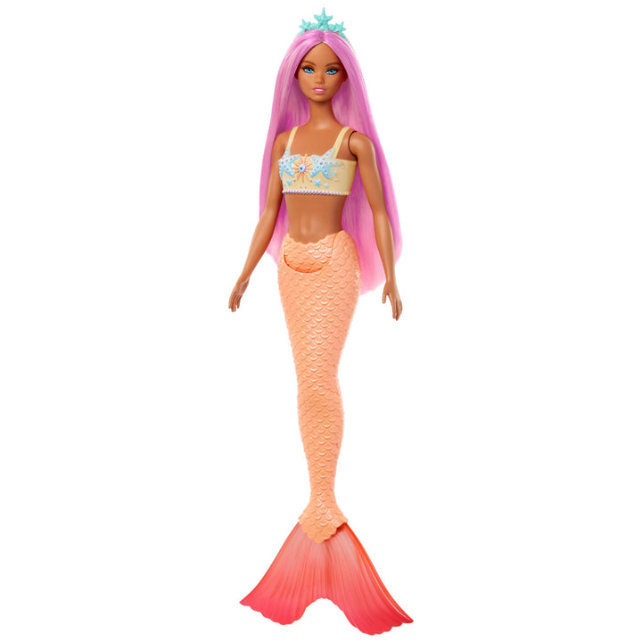 Barbie Mermaid Doll with Pink Fantasy Hair and Headband Accessory, Toy with Starfish-Inspired Bodice and Soft Orange Tail, HRR05