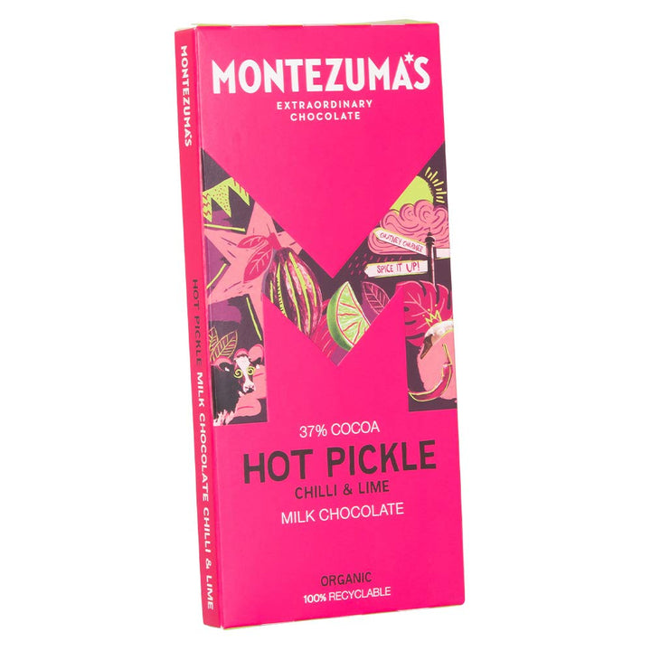 Montezuma - Hot Pickle 37% Cocoa Milk Chocolate with Chilli & Lime, Organic Gluten-Free Bar (90g)