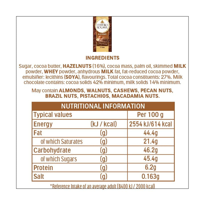 Ferrero Rocher Original Milk Chocolate Bar with Hazelnuts, 90g