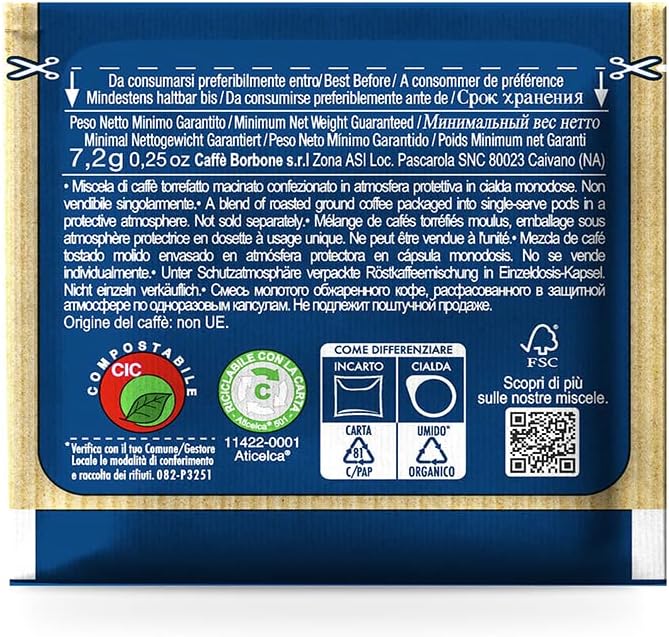 Caffè Borbone Blue Blend Compostable Coffee Pods - 100 Pack, ESE 44mm Compatible