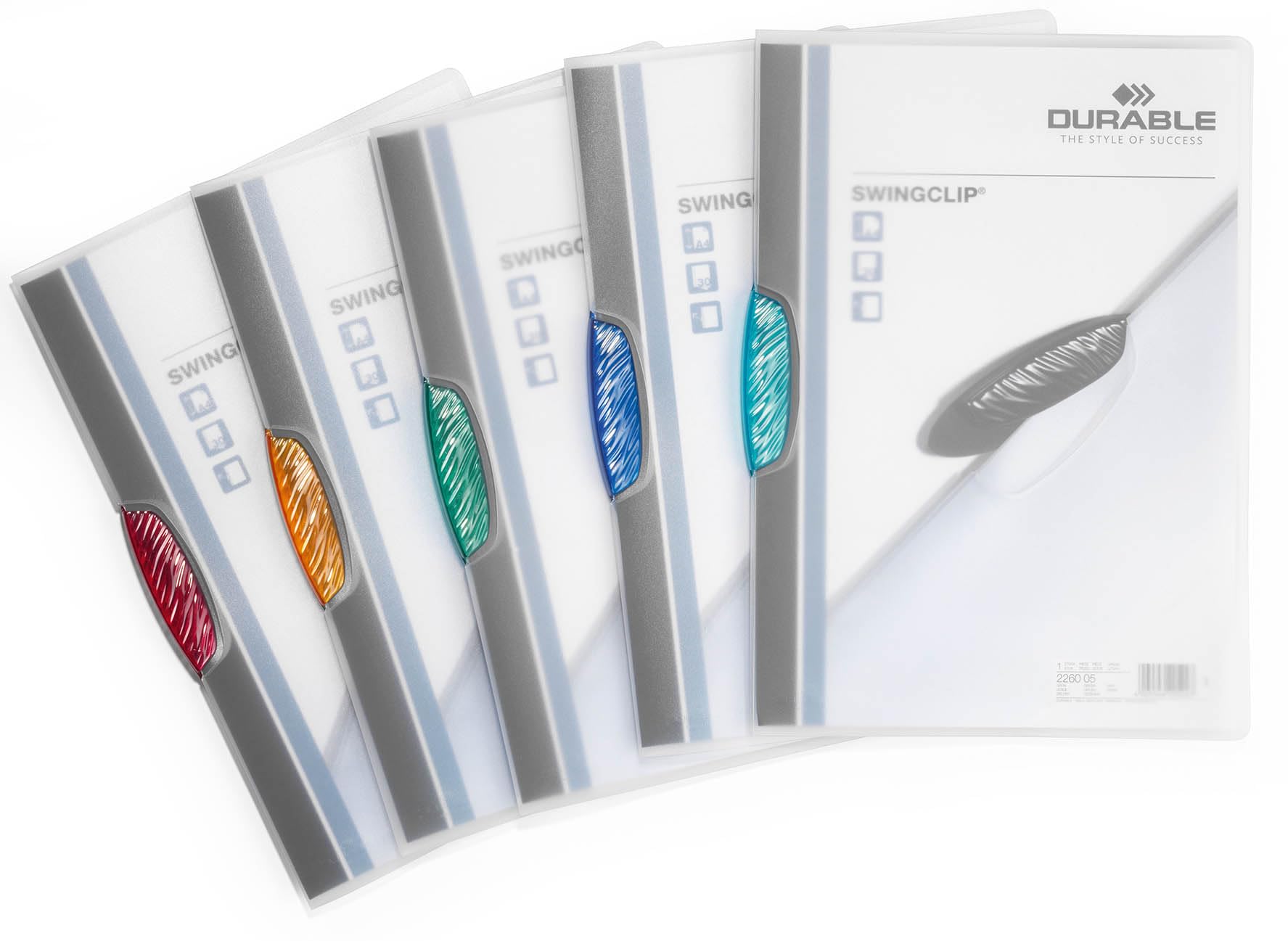 Durable SWINGCLIP® - 5 Pack A4 Clip Folders | Holds 30 Sheets | Transparent with Multicolor Clips
