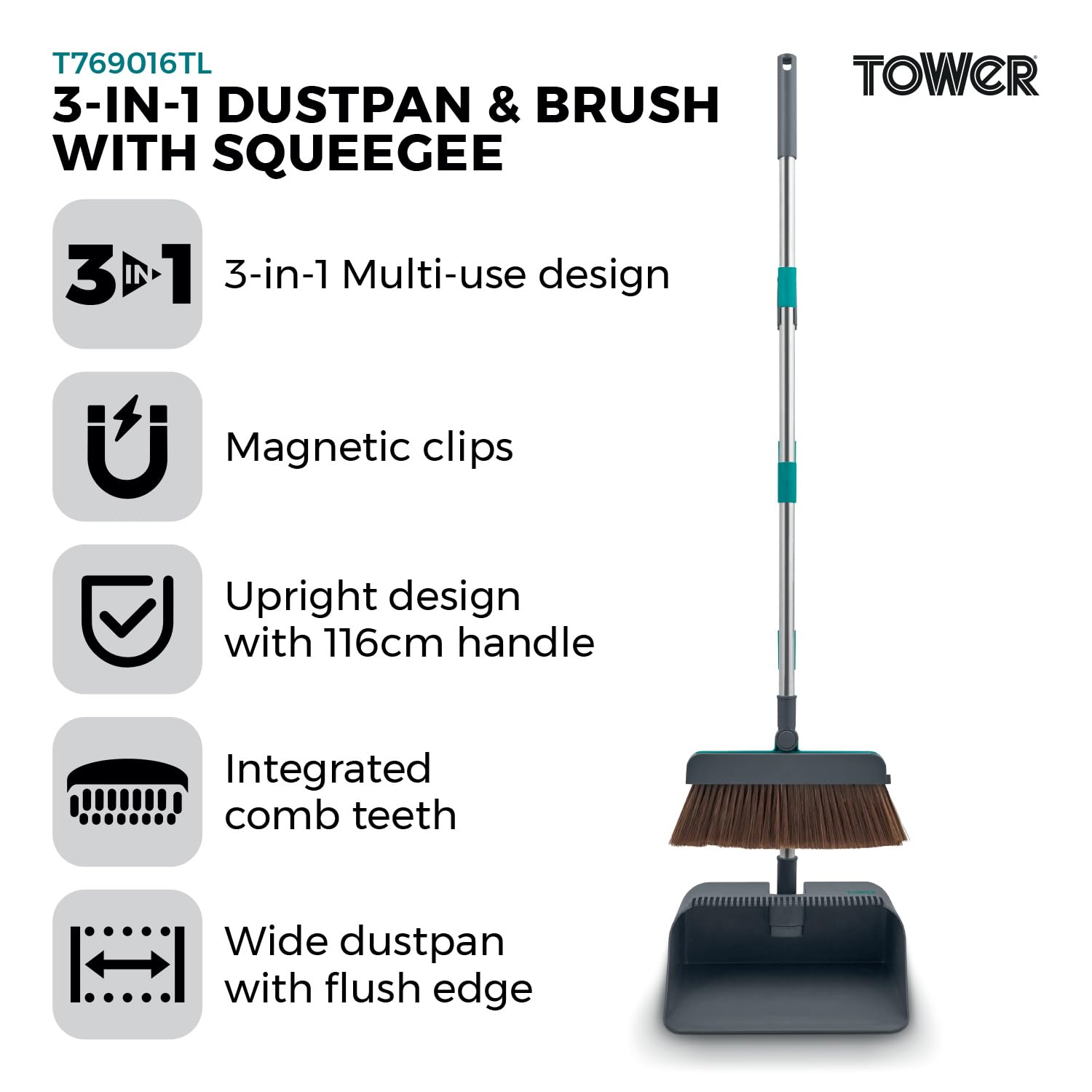 Tower 3-in-1 Dustpan and Brush Set with Squeegee | Upright Storage | 116cm Handle