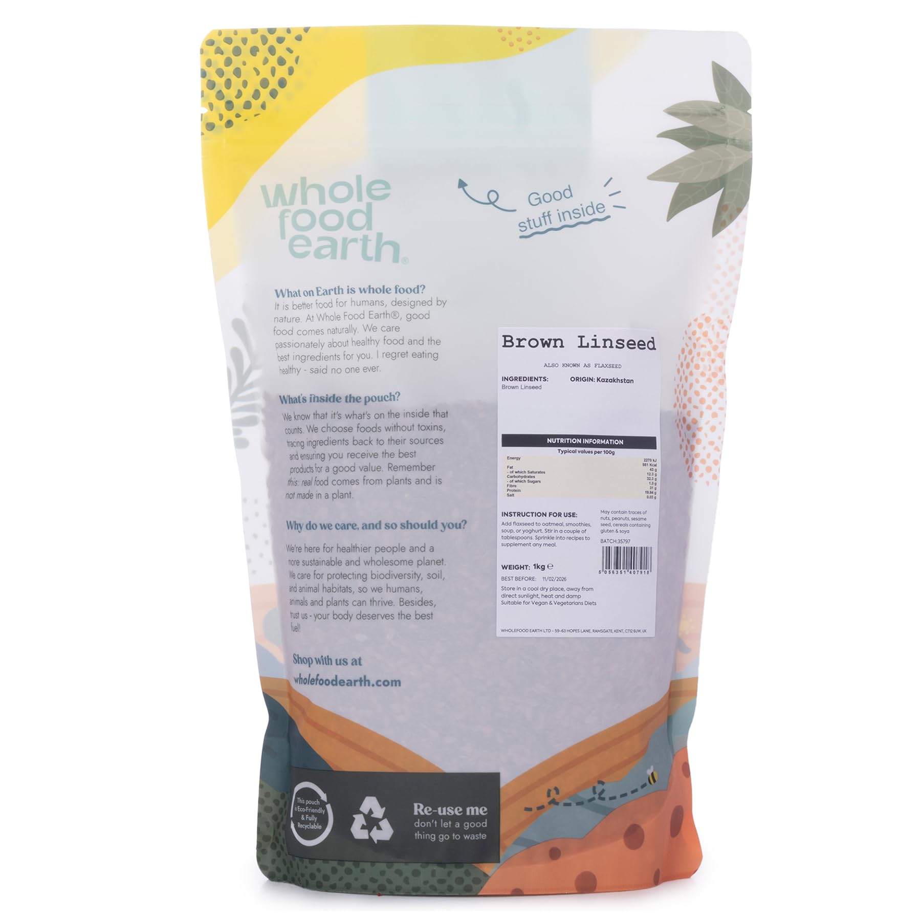 Wholefood Earth Brown Linseed/Flaxseed - 1 kg Bag | Wheat-Free Fibre Source | Rich in Omega-3 ALA