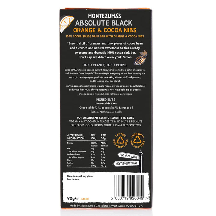Montezuma - Absolute Black 100% Cocoa Dark Chocolate with Orange & Cocoa Nibs 90g Bar