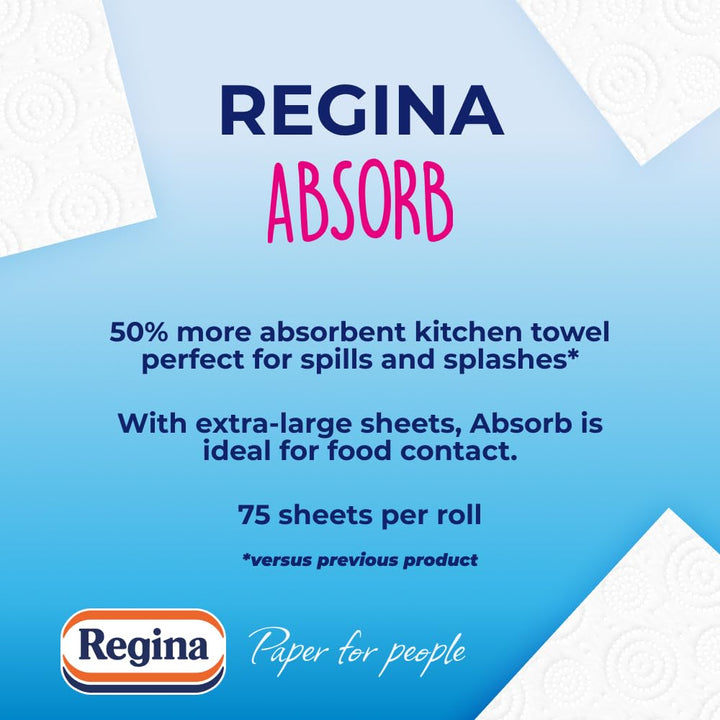 Regina Absorb Kitchen Towels – 2 Rolls, Super Absorbent 2-Ply, Extra-Large Sheets for Cleaning & Food Contact