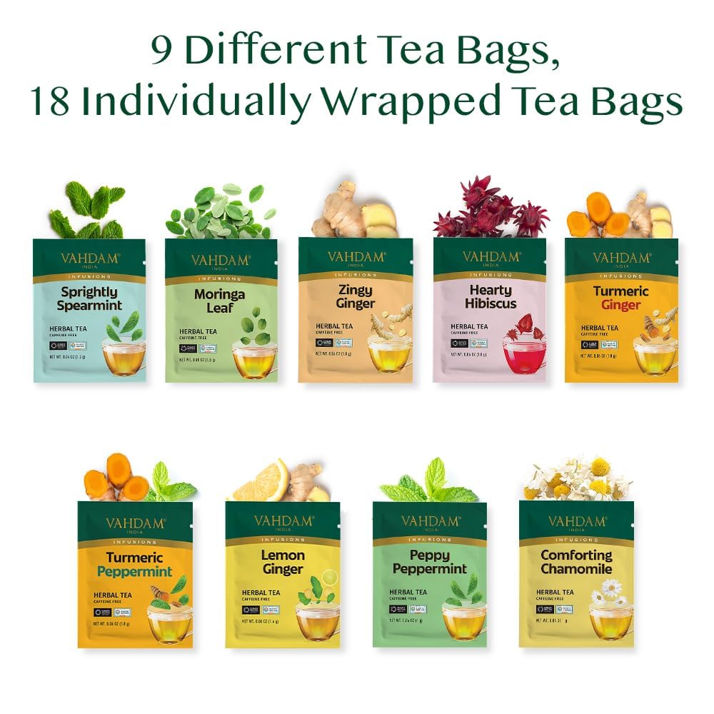 VAHDAM - Assorted Herbal Tea Sampler (18 Tea Bags, 9 Flavors) Caffeine-Free 4